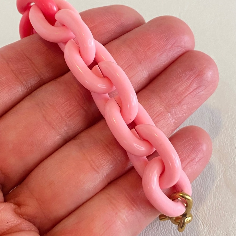 Monet Pink Bracelet Acrylic Plastic Chunky Curb Link Gold Tone Retro Mod - Picture 7 of 11
